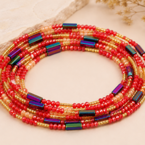 Red, Gold & Iridescent African Waist Beads – Bundle of 3 Pieces